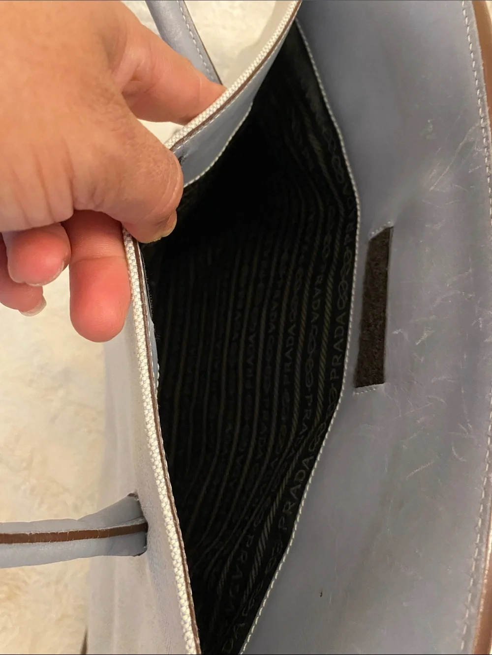Prada vintage Canvas Tote in Light Gray with Blue Trim
